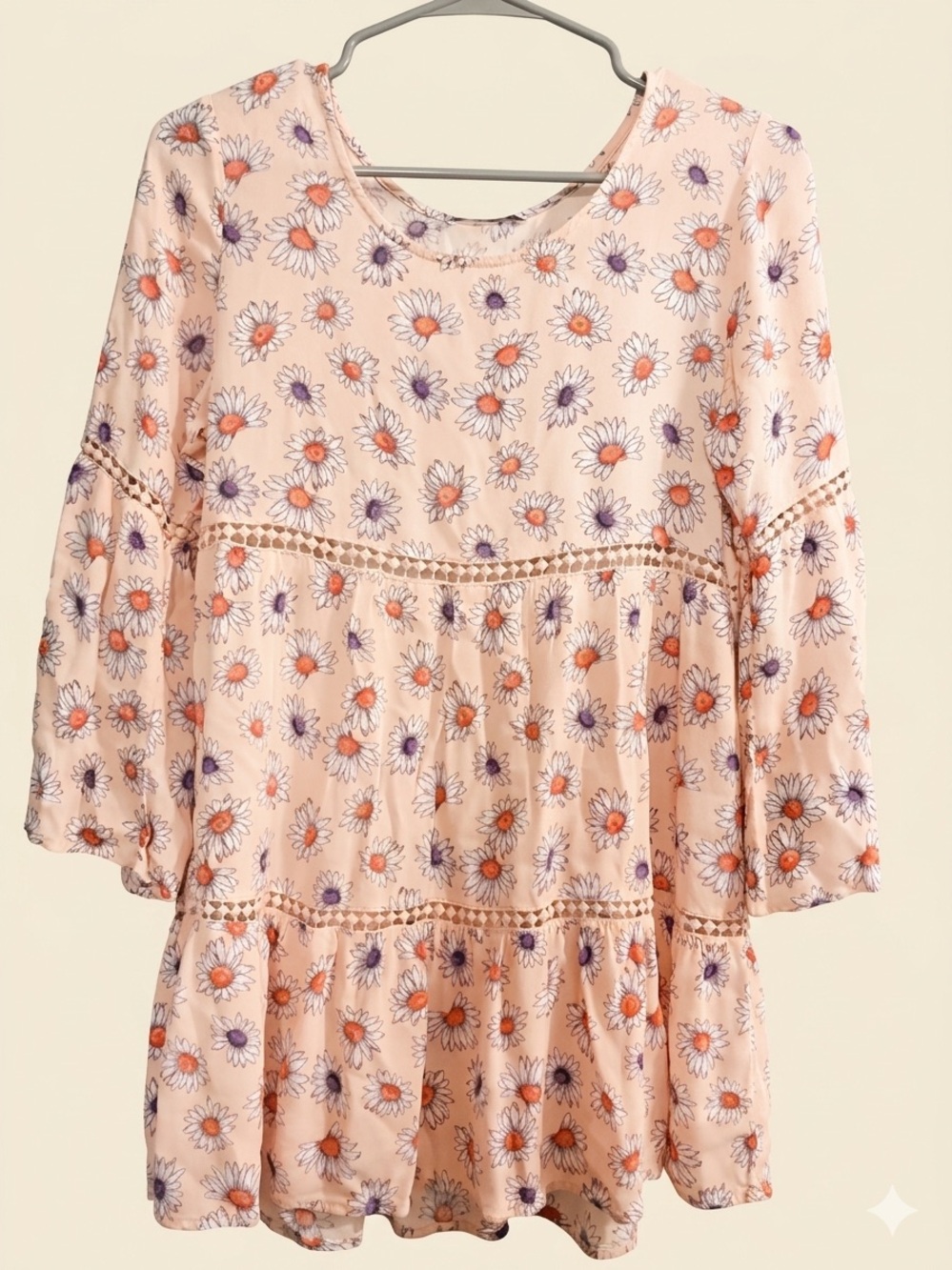 Forever 21 Peach Floral Tiered Tunic with Crochet Trim